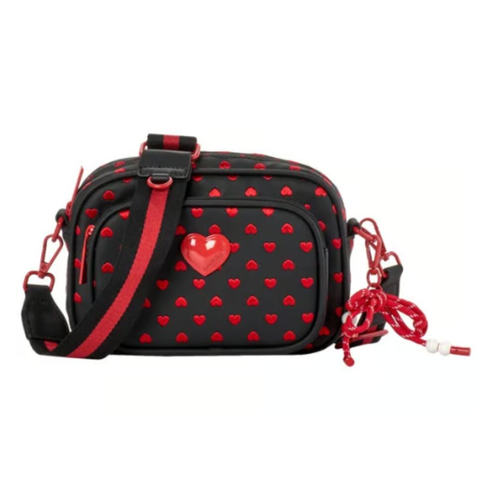 Betsey Johnson Lia Bag Black Red Heart Camera Crossbody Romantic Purse Handbag